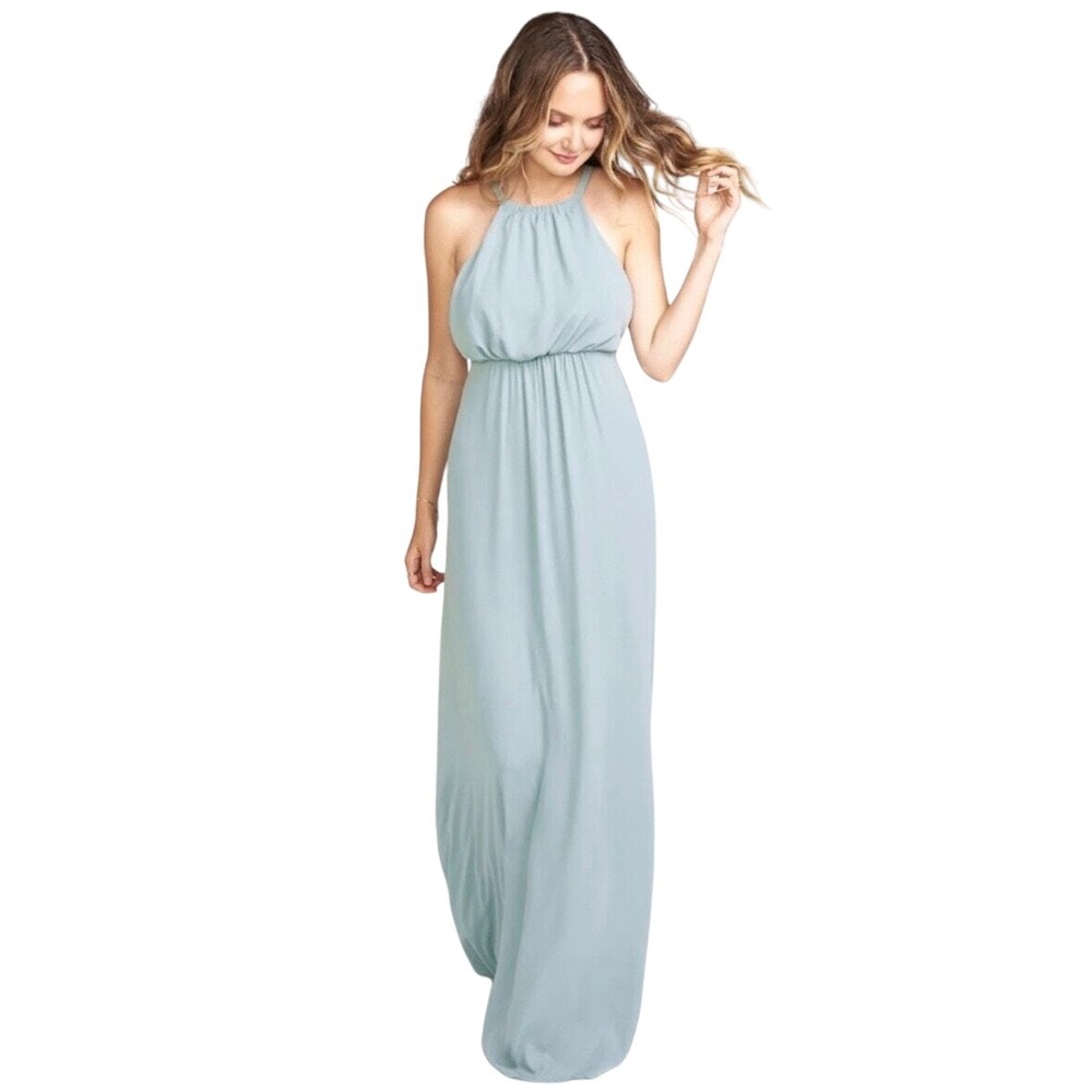 Show Me Your Mumu XS Blue Amanda Maxi Dress Halter Neck‎ Sleeveless Flowy Gown